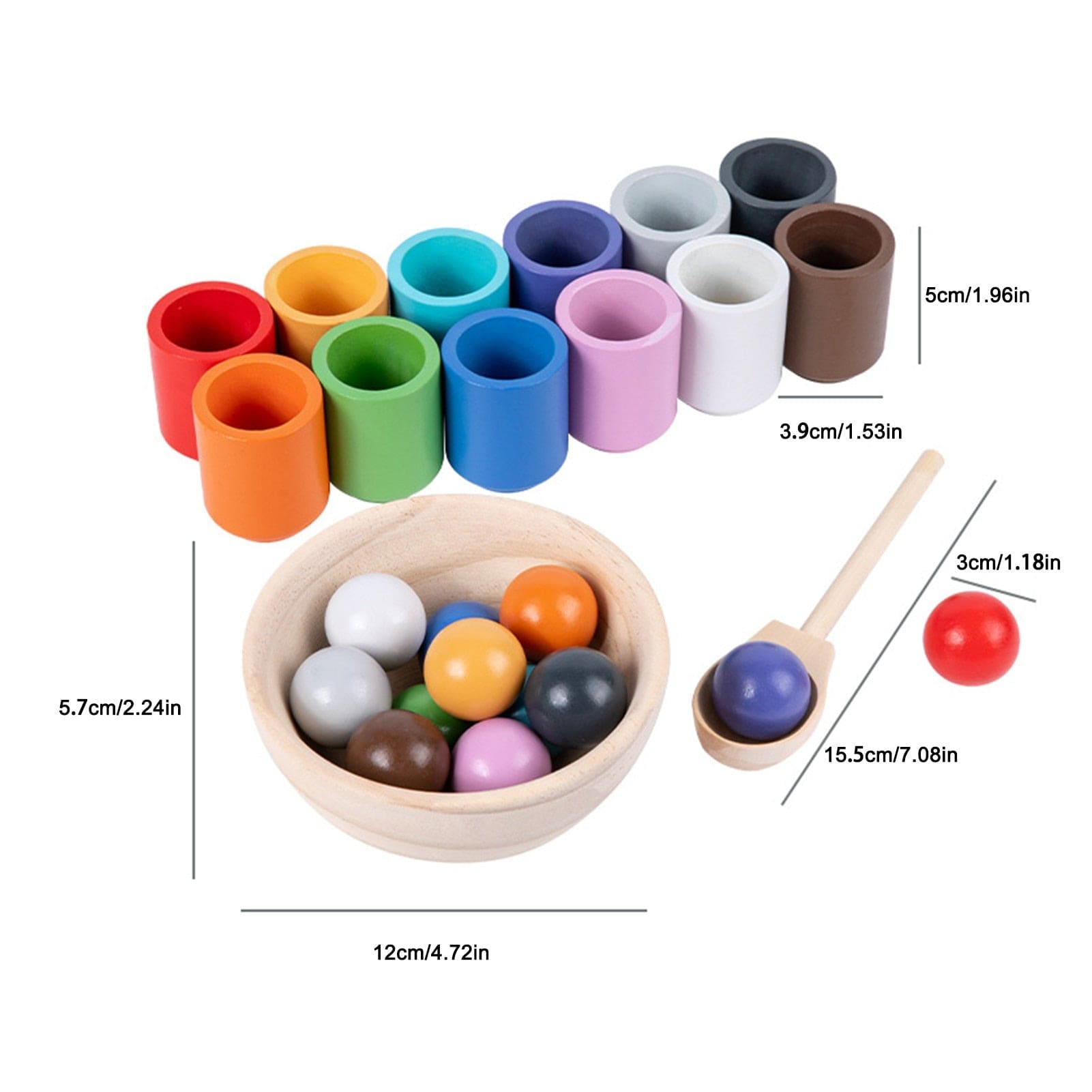Wooden Color Sorting Toy with Rainbow Cups and Matching Balls