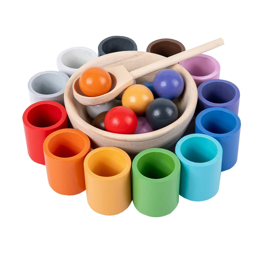 Wooden Color Sorting Toy with Rainbow Cups and Matching Balls
