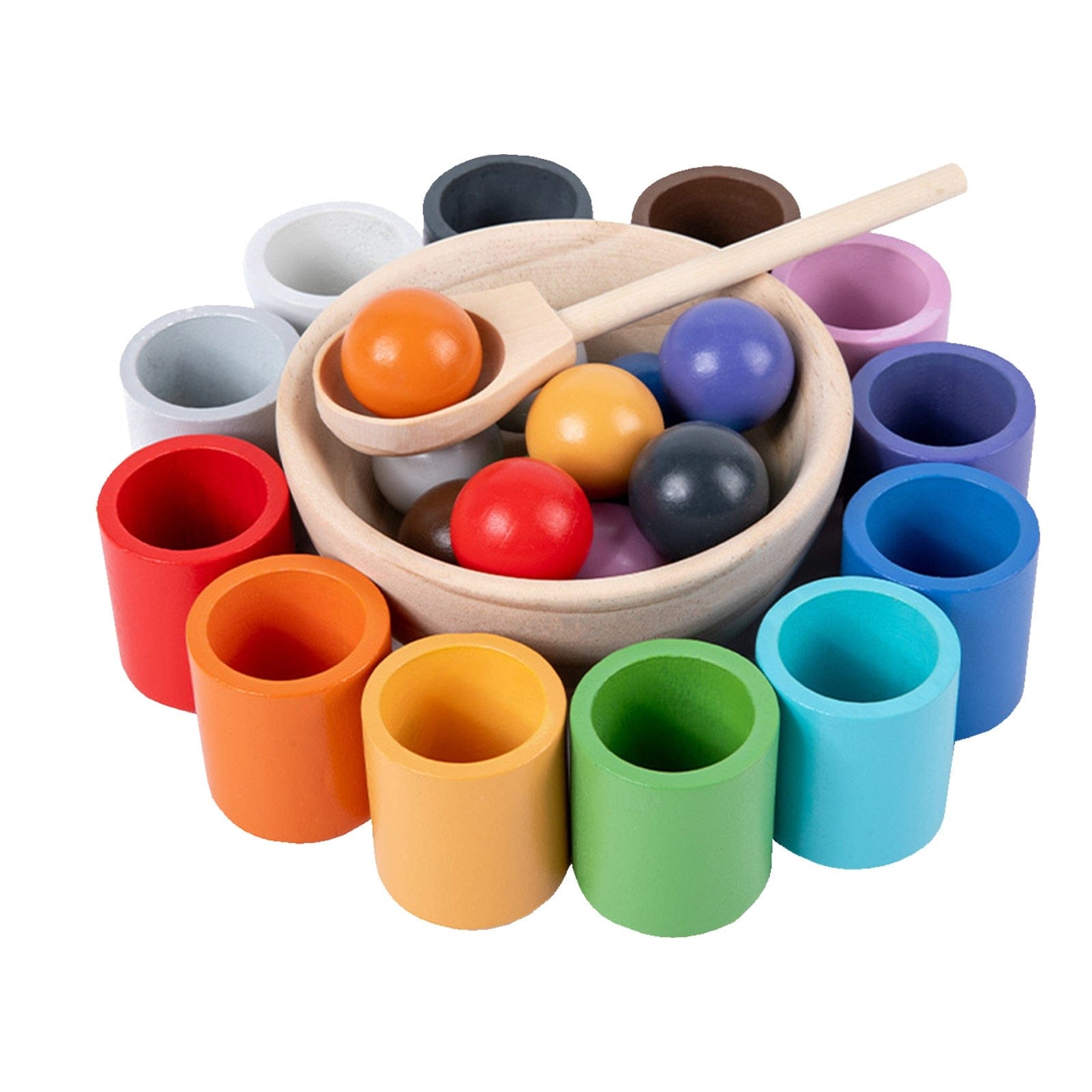 Wooden Color Sorting Toy with Rainbow Cups and Matching Balls
