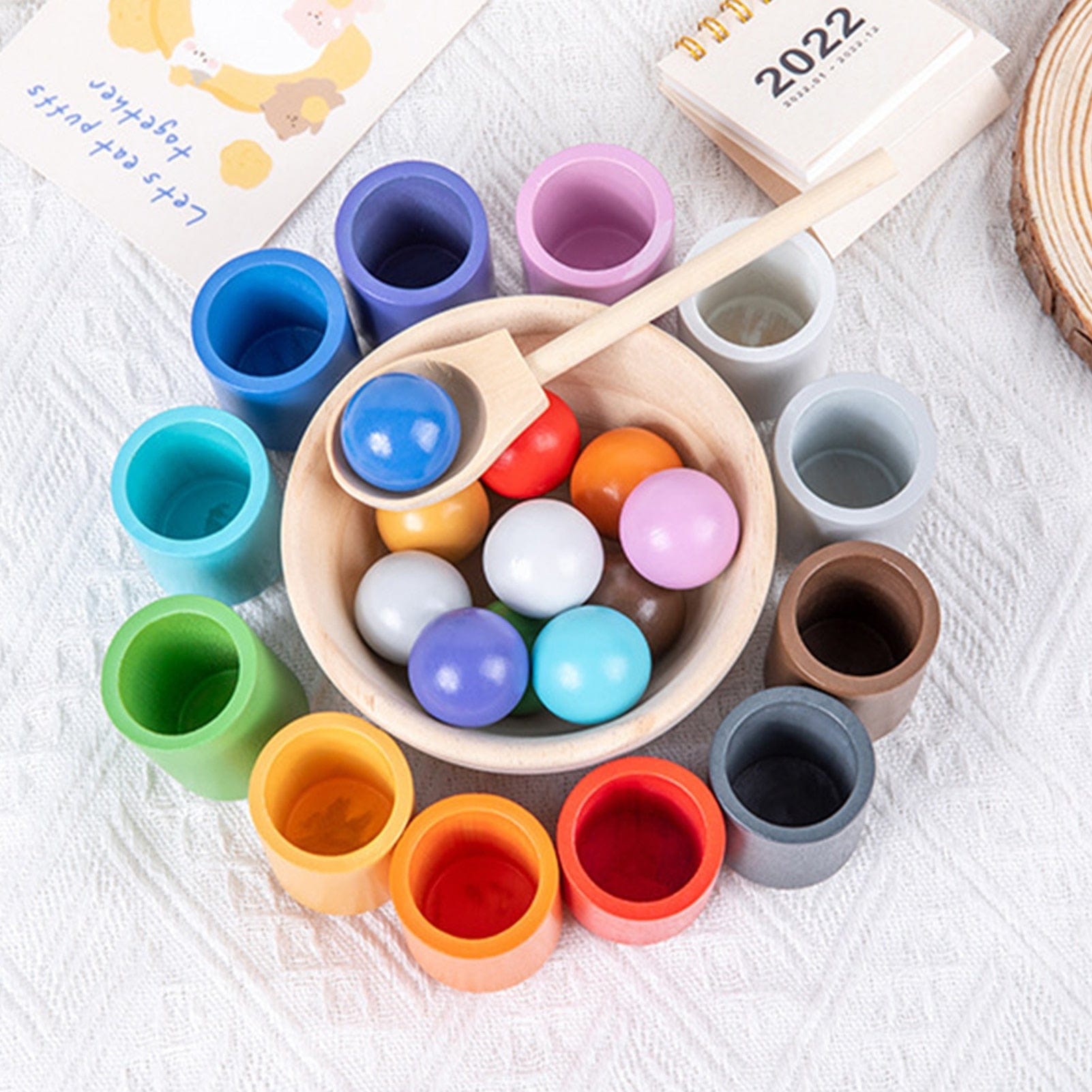 Wooden Color Sorting Toy with Rainbow Cups and Matching Balls