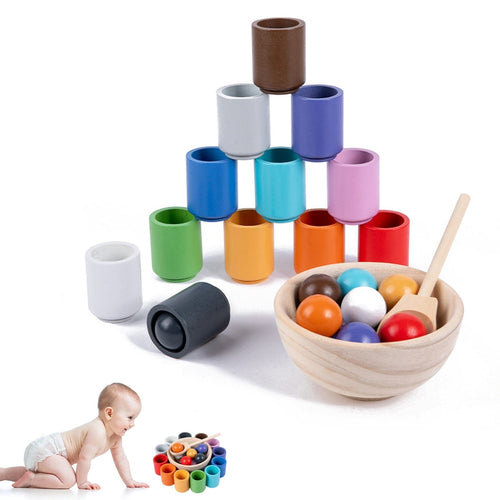 Wooden Color Sorting Toy with Rainbow Cups and Matching Balls