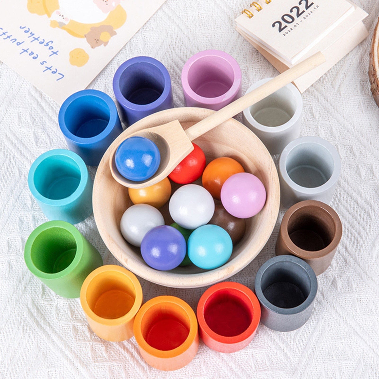 Wooden Color Sorting Toy with Rainbow Cups and Matching Balls